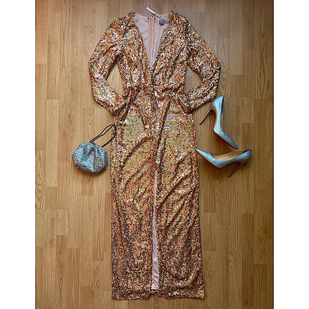 NWT ASOS Sequinned Gold Long sleeve Maxi Dress
